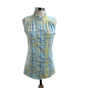 Lissa Mar Blue Fish & Plaid Yellow Pattern Double Buttons Stretch Top Small